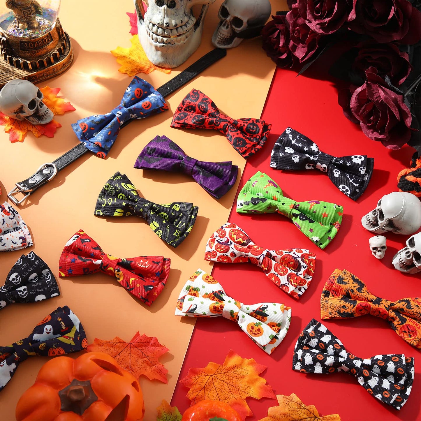 30 Pieces Halloween Fall Dog Bow Ties Slide Dog Collar Bow Ties Dog Collar Attachment with Elastic Bands Halloween Pet Bow Ties Dog Collar Grooming Accessories Holiday Costume Cosplay Pumpkin Ghost