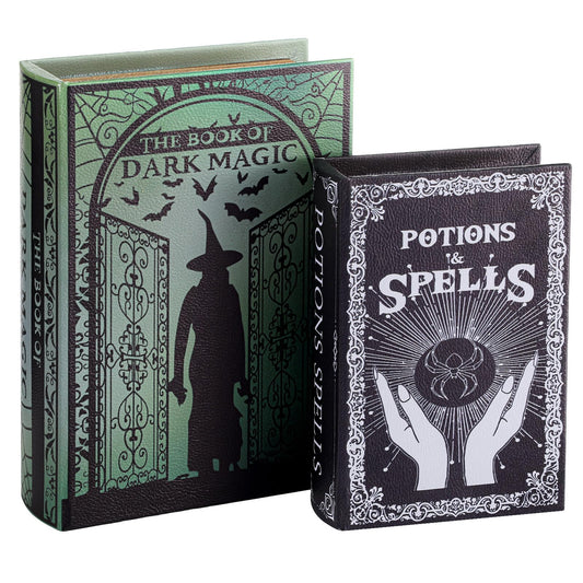 Beeveer Set of 2 Magic Nesting Halloween Books Decoration Witch Potion Dark Magic Pattern Spooky Holiday Themed Fake Faux Hollow Book Boxes Decorative Vintage Gothic Jewelry Trinket Storage Box