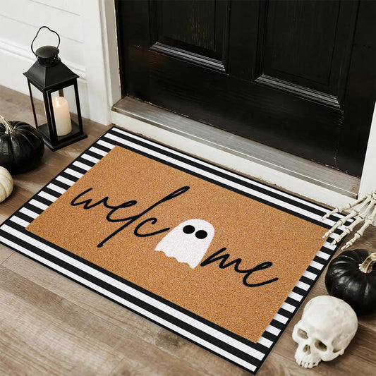JarThenaAMCS 2Pcs Halloween Door Mat Combo Set 16.5" x 29" Cute Ghost Imitation Coir Welcome Doormat with 23.6" x 35.4" Black White Stripe Rug for Indoor Outdoor Home Bathroom Decor