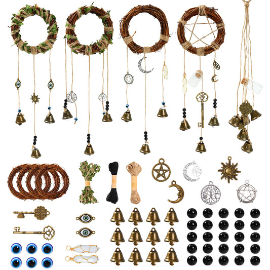 SANDOO 64pcs Witch Bells and Evil Eye for Protection DIY Kit - Witchcraft Supplies,Witches Bells for Door Knob, Windchimes Kit,Evil Eye Door Hanger for Home Bedroom Garden Halloween Decor, Witch Gifts