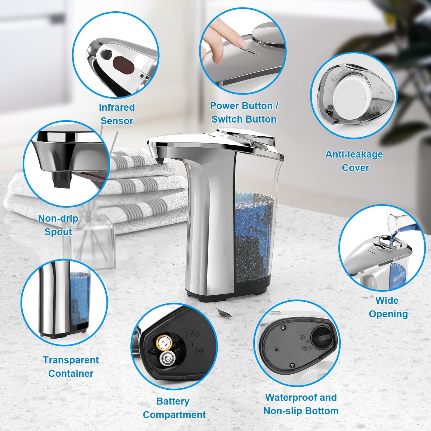 PZOTRUF Automatic Soap Dispenser, Touchless Dish Soap Dispenser 17oz/500ml with Infrared Sensor, 5 Adjustable Soap Dispensing Levels, Liquid Hand Dispenser for Bathroom Kitchen Sink (Silver)
