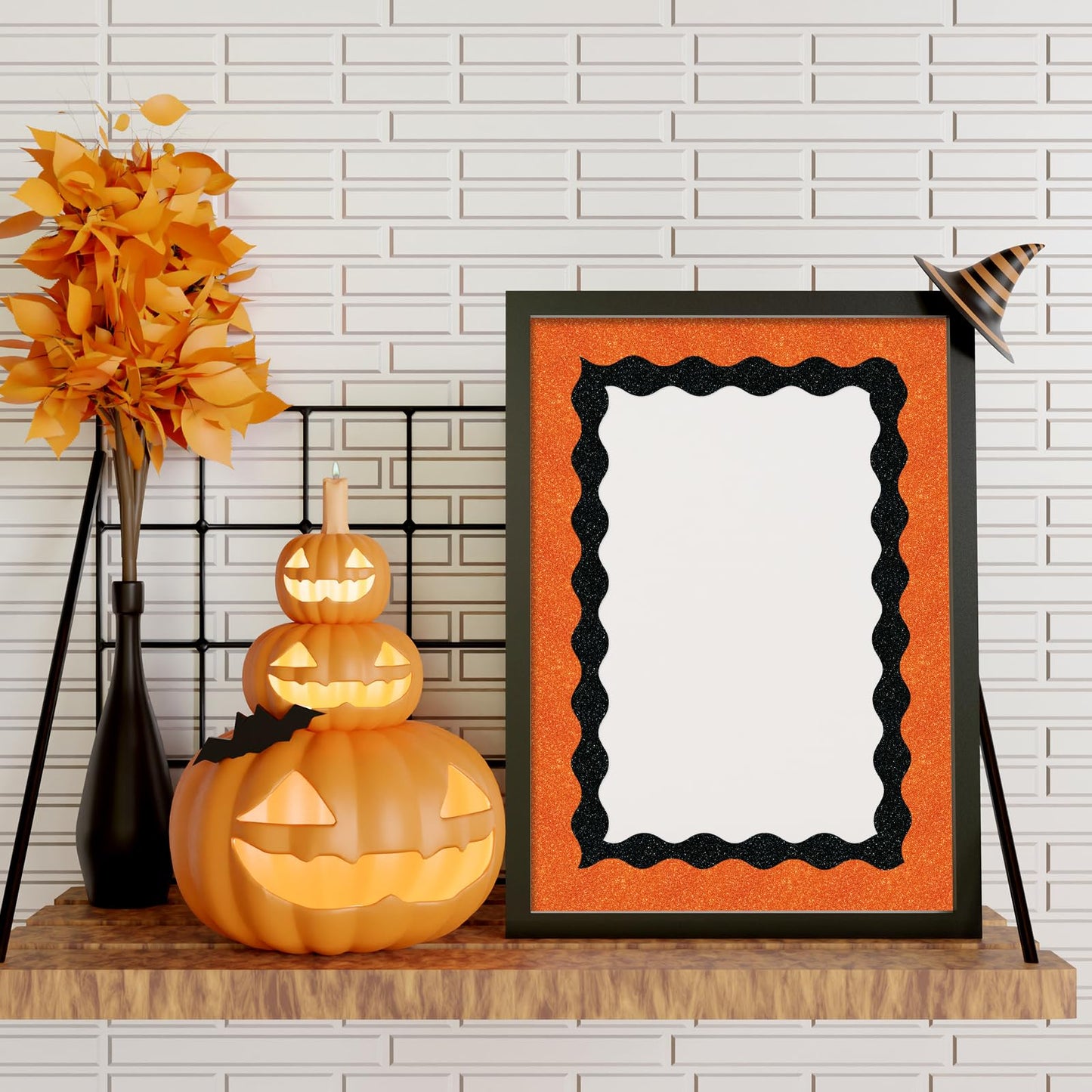 Whaline 131.2Ft Halloween Bulletin Board Border Glitter Orange Black Die Cut Trim Border Roll for Classroom Home Office Chalkboard Wall Decor, 2 Rolls