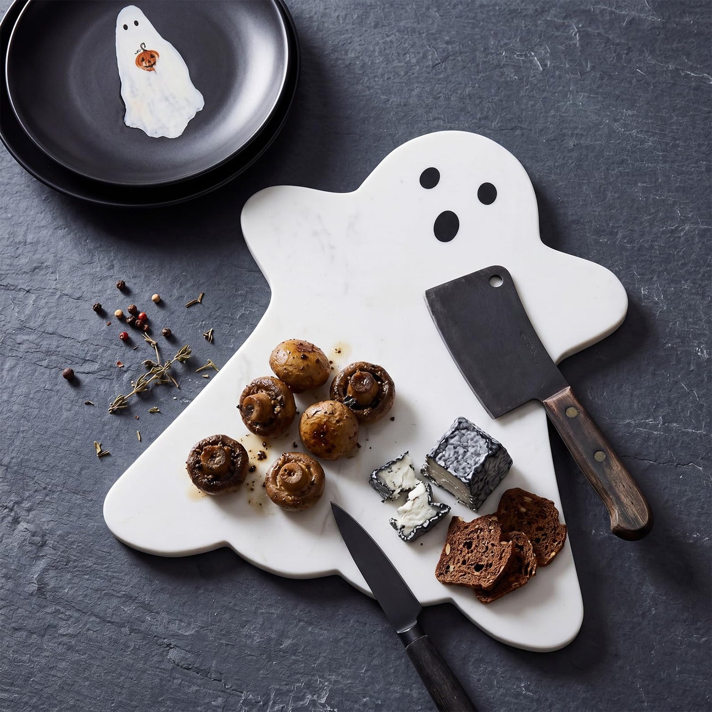 Reallnaive White Ghost Marble Cheese Board Halloween Charcuterie Serving Tray Marble Cutting Board for Cheese, Snacks, Appetizers and Kitchen