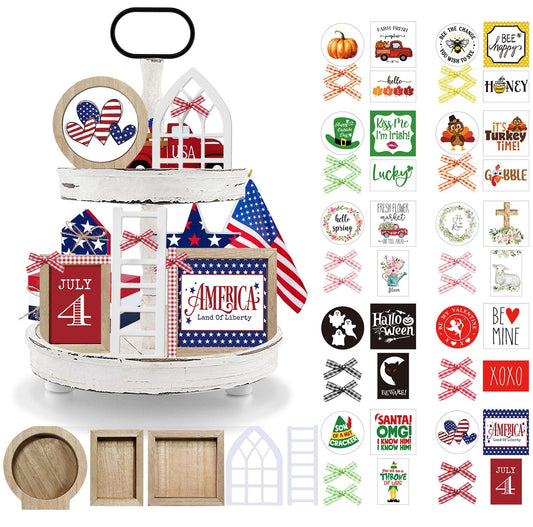 nuvagiki Interchangeable Seasonal Tiered Tray Decor Set, Farmhouse Holiday Wooden Sign Kit with Frames, Ladder & Arch, Year Round Home Decorations for Bee Spring Summer Patriotic (Tray Not Included)