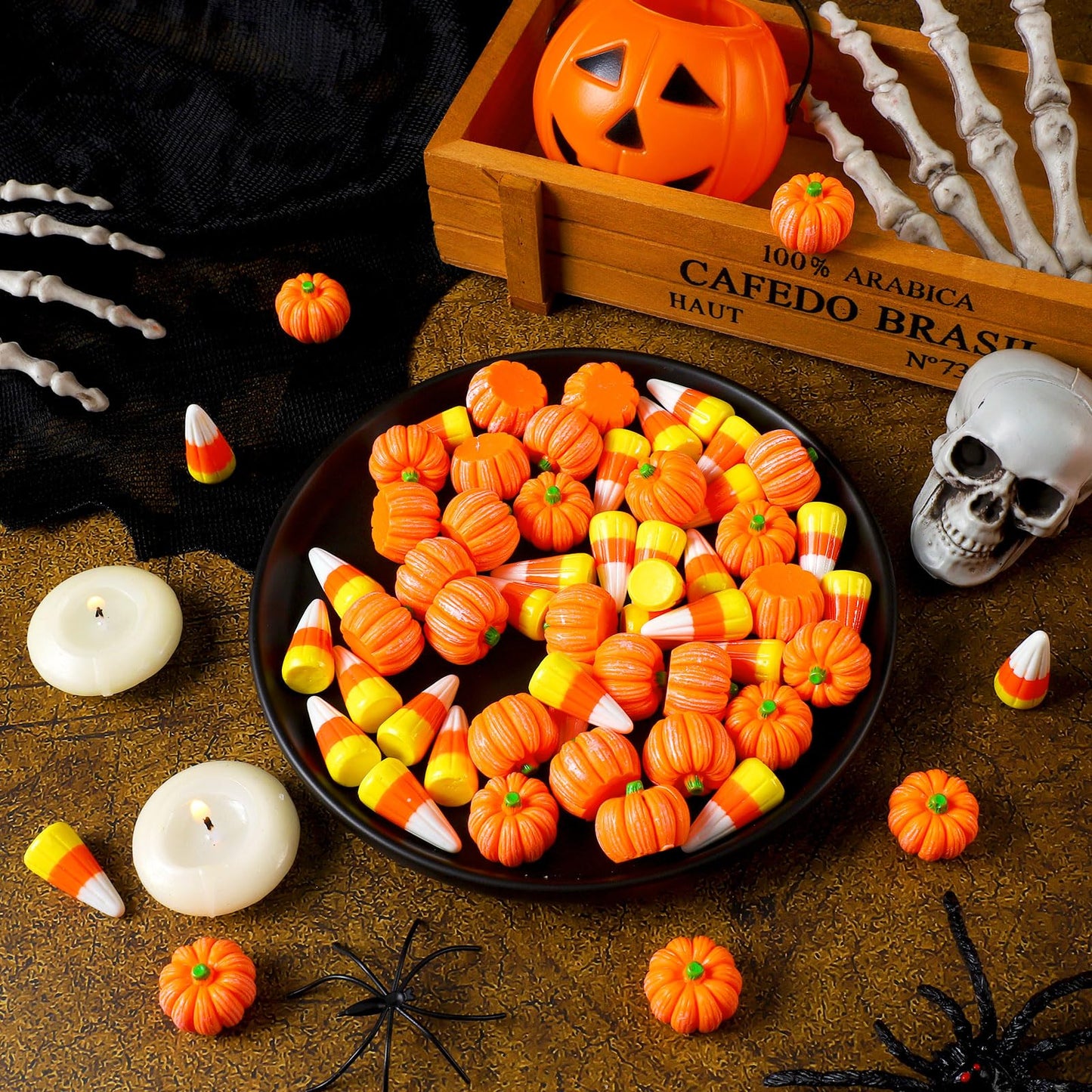 Wettarn 60 Pcs Fake Candy Corn Pumpkin Fall Resin Mini Pumpkin Halloween Resin Charms for Craft Making Artificial Candy Decorations for DIY Halloween Fall Thanksgiving Handmake Decor