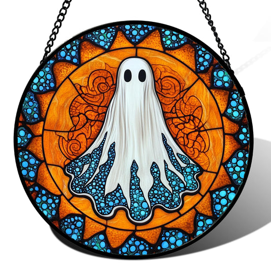 CRISGIF Stained Glass Window Hanging - Halloween Decorations White Ghost Suncatcher for Doors Garden Indoor Spooky Funny Blue Sun Catchers Gothic Decor Horror Gifts for Women Men Friend 7.8 in