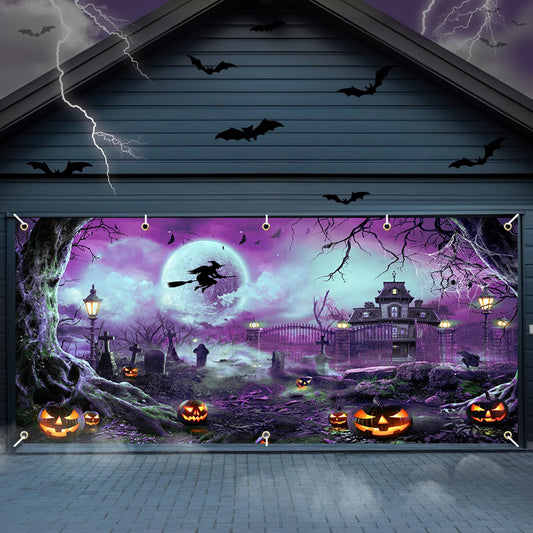 Avezano 6x13 ft Halloween Garage Door Banner Halloween Full Moon Scary Night Castle Pumpkins Garage Door Cover Backdrop Spooky Witch Cemetery Party Decorations (Purple)
