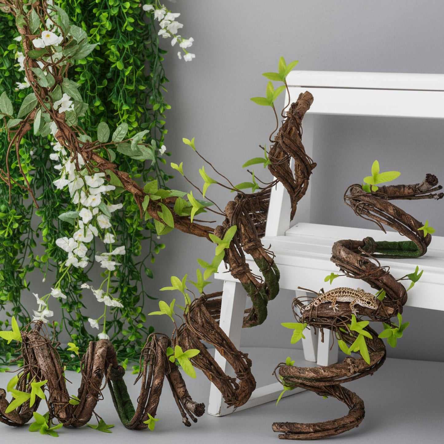 Suncalla 5 Pcs Artificial Bendable Tree Branches for Decoration Fake Trunk Garland Twigs Leaves Cherry Blossom Grape Vines for Wall Hanging Front Door Reptile Habitat Decoration (35in,Natural)