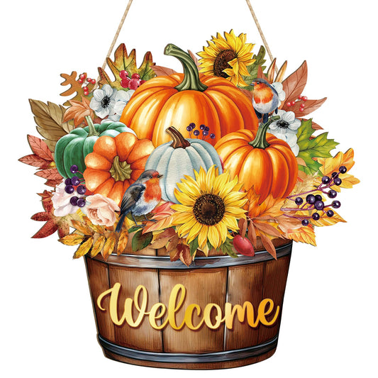 Fall Decoration Welcome Wreaths for Front Door, Wooden Hello Fall Pumpkin Thanksgiving Door Sign Ornament, Wood Mason Jars Maple Leaf Flower Farmhouse Hanging for Autumn Harvest Porch Home Decor