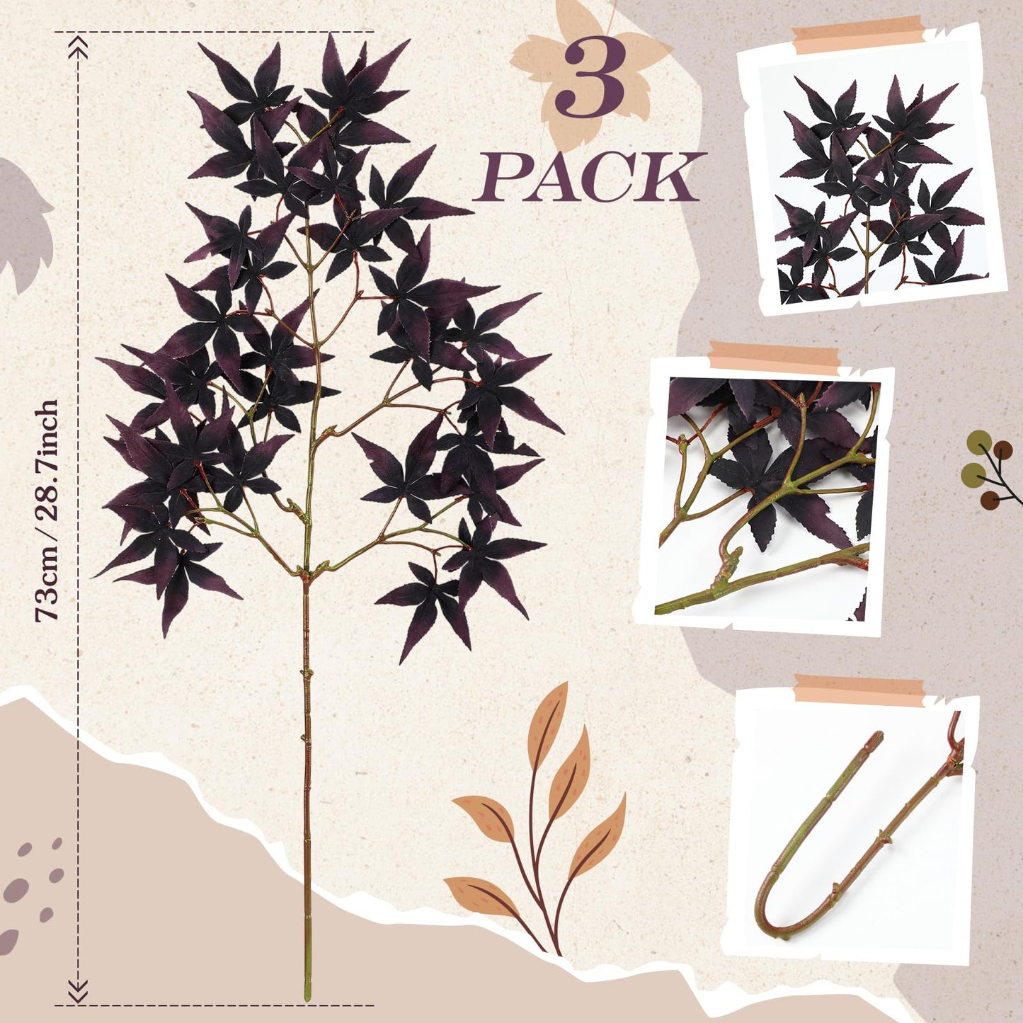 Janinka 29" Fall Artificial Japanese Maple Leaves Stem Fake Fall Maple Leaves Stem Autumn Faux Bushes for Vase Farmhouse Table Centerpiece Halloween Thanksgiving Decor 3 Pcs(Black Currant)