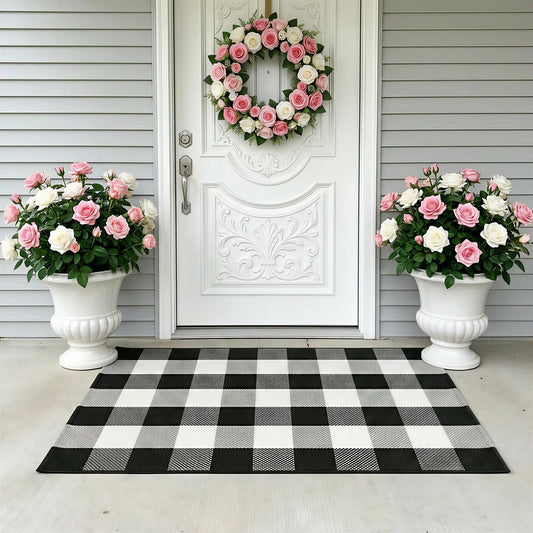WAYYE Buffalo Plaid Outdoor Rug 27.5" x 43" Black and White Checkered Area Rug Washable Doormats Indoor Outdoor Rugs for Layered Front Door Mats, Porch, Entryway, Kitchen, Farmhouse