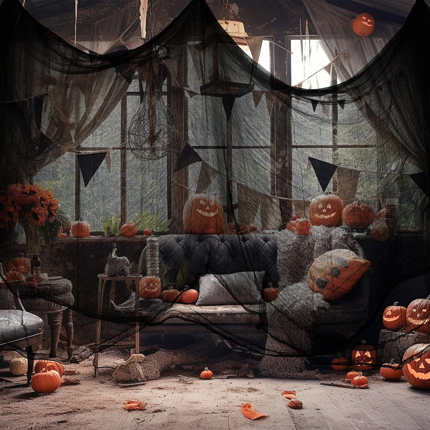 Nirohee 315 x 85 Halloween Black Creepy Cloth,Spooky Fabric Cloth Halloween Decorations Outdoor,Scary Creepy Gauze Black Cloths Party Decor Props for Witch Room,Haunted House,Garden