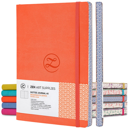 ZenART Supplies A5 Bullet Dotted Journal - Enjoy Bullet Journaling with a Soft Cover, Non-Bleed Thick 120gsm Paper with Japanese Edge Motif - Orange Faux Leather Lay Flat Dot Notebook