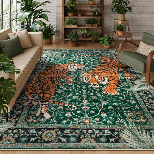 Moynesa Tiger Washable Rugs, 8x10 Area Rugs for Living Room, Soft Large Vintage 8x10 Bedroom Green Rug, Botanical Non Slip Ultra Thin Floor Carpet for Dining Room Home Office