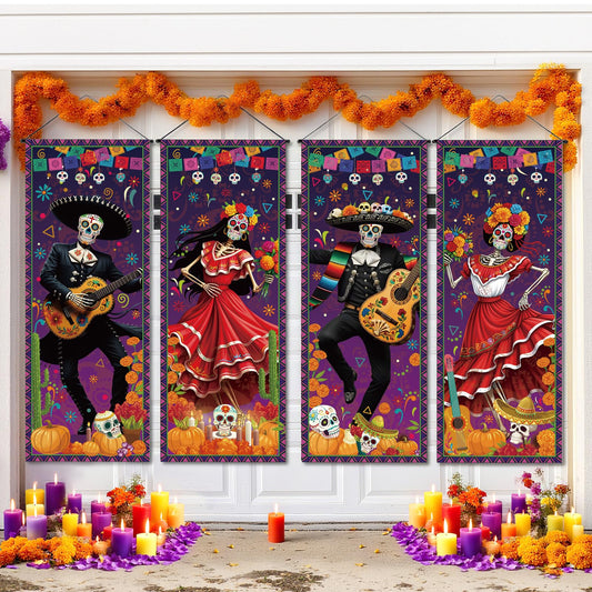 HunnmingRe 4 Pcs Day of The Dead Hanging Banner Decorations, 40 x 15 Inches Dia De Los Muertos Hanging Porch Poster Banner Wall Background Decor for Mexican Home Party Decoration Outdoor Indoor Decor
