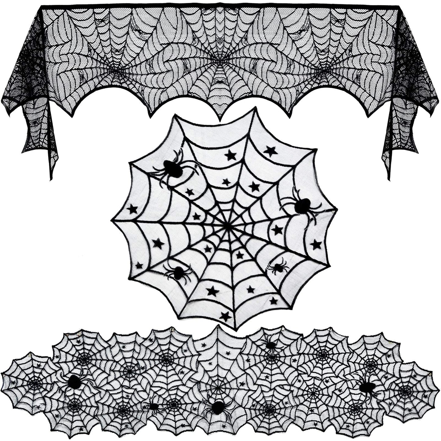 Tayfremn 3pack Halloween Decorations Set Halloween Tablecloth Black Lace Round Spider Cobweb Table Cover Fireplace Mantel Scarf Spiderweb Fireplace Scarf for Party