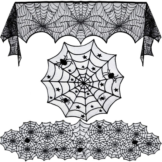 Tayfremn 3pack Halloween Decorations Set Halloween Tablecloth Black Lace Round Spider Cobweb Table Cover Fireplace Mantel Scarf Spiderweb Fireplace Scarf for Party
