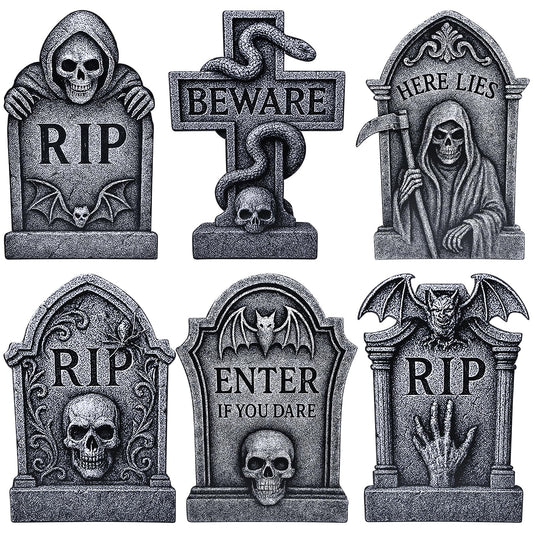 6 Pack Halloween Yard Signs Tombstone Set – 15 x 10 Inch Large Plastic Graveyard Decorations with Stakes, RIP Skull and Skeleton Tombstones for Lawn, Outdoor Haunted House and Party Decor