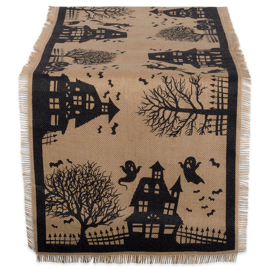 DII Halloween Primitive Style Burlap Tabletop Décor, Spooky Haunted House Jute, Table Runner, 14x113, Black & Tan