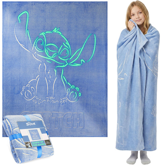 Disney Stitch Glow in the Dark Throw Blanket 51x59”, Soft Fleece Throw Blanket for Sofa Bed, Cozy Warm, Gifts for Kids, Teens, Adults (Blue Stitch)