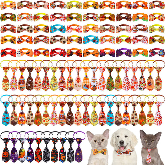 Reginary 100 Pieces Thanksgiving Dog Bow Tie Collar Set with 50 Bow Tie and 50 Necktie Thanksgiving Fall Halloween Themed Pet Decoration for Small Medium Pet Cat Supply