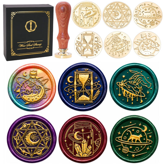 SWANGSA Magic Space Wax Seal Stamp Gift Box Set, Vintage 6 Sealing Stamp Heads + 1 Wooden Hilt, Wax Stamp Kit for Party Invitations, Envelops, Cards and Gift Packaging (Magic Space)
