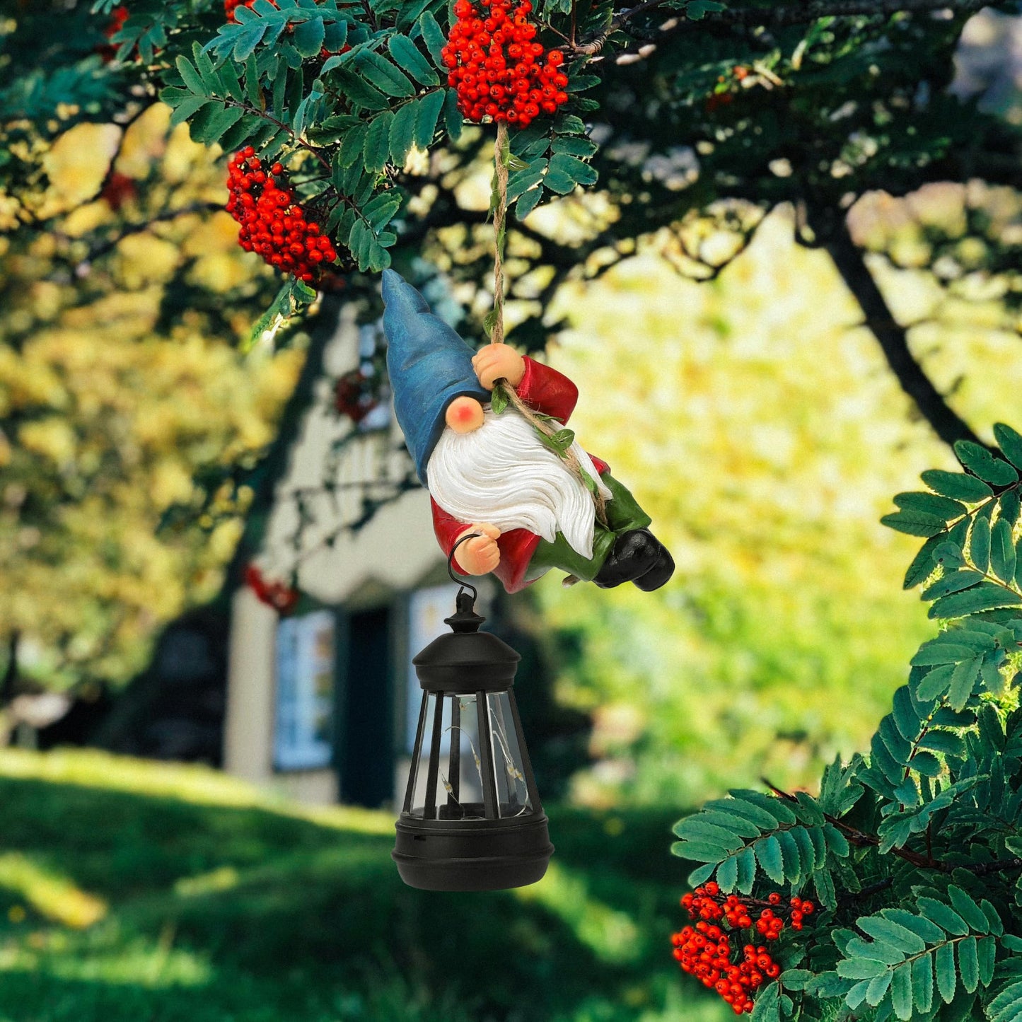 WONDHOME Solar Hanging Gnome Garden Statues Climbing Rope Gnome with LED Lantern Summer Outdoor Decor Tree Hugger Yard Porch Wall Fence Decoration Mother's Day Birthday Gifts for Mom Women