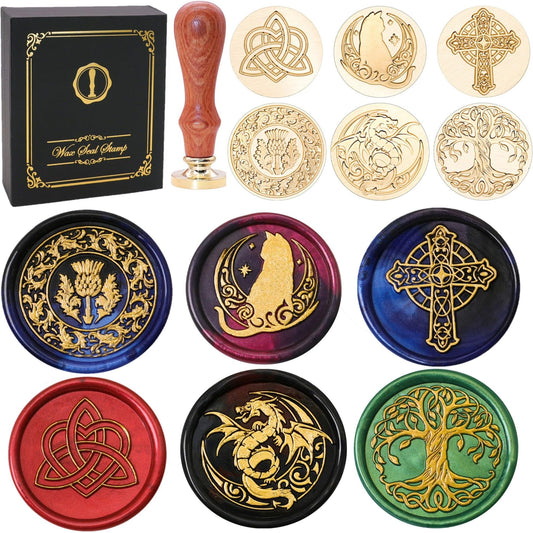 SWANGSA Celtic Wax Seal Stamp Gift Box Set, Vintage 6 Sealing Heads + 1 Wooden Hilt, Wax Stamp Kit for Party Invitations, Envelopes, Cards and Gift Packaging