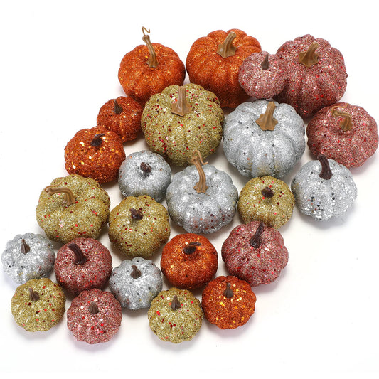 Simgoing 24 Pcs Thanksgiving Glitter Mini Pumpkin Decor Orange, Silver, Gold Small Artificial Foam Pumpkins Fall Tree Hanging Ornament Tiered Tray Decor for Autumn Thanksgiving Party Indoor Home