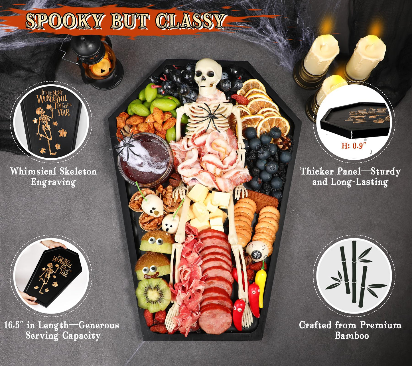 Webake Large Coffin Charcuterie Board - New Skeleton Design, 16.5" x 11.5" Spooky Serving Tray for Ample Food Display, Halloween Wooden Meat & Cheese Board, Perfect Spooky Gothic Decor