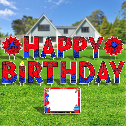 Aijoso Spider Happy Birthday Yard Signs with Stakes for Garden Outdoor Party Decorations