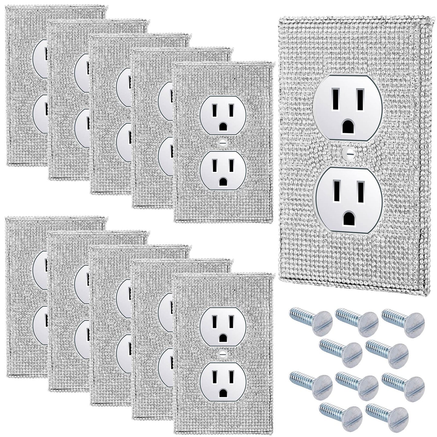 Kathfly 10 Pcs Silver Rhinestone Outlet Covers, Bling Decorative Wall Plates for Electrical Outlets, Glitter Socket Covers with Screws, Glam Outlet Wall Plates for Bedroom Bathroom Home Decor