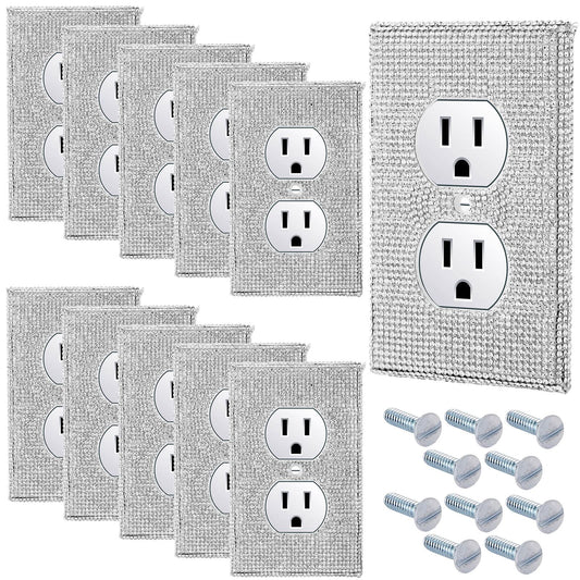 Kathfly 10 Pcs Silver Rhinestone Outlet Covers, Bling Decorative Wall Plates for Electrical Outlets, Glitter Socket Covers with Screws, Glam Outlet Wall Plates for Bedroom Bathroom Home Decor