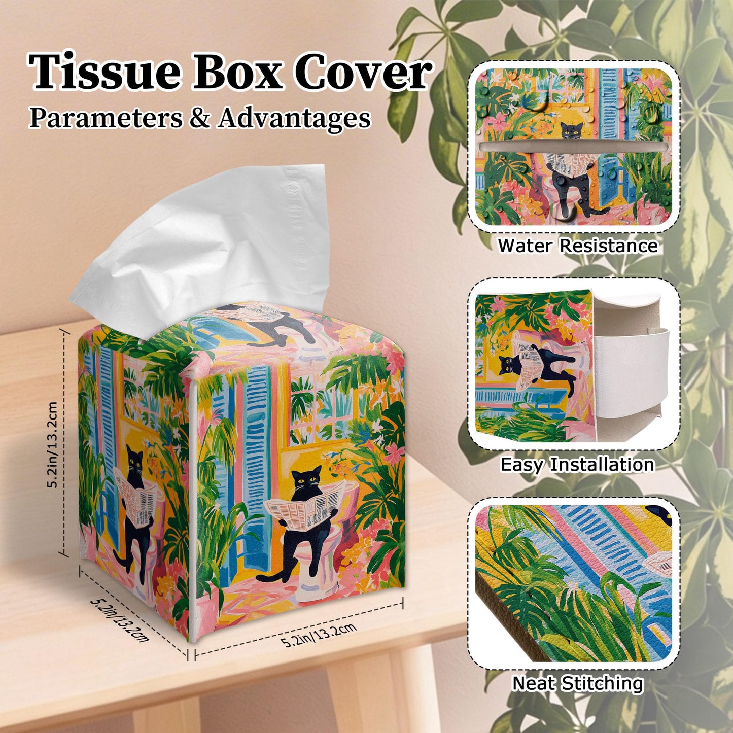 RWWNONW Vintage Black Cat Newspaper Tissue Box Cover Square