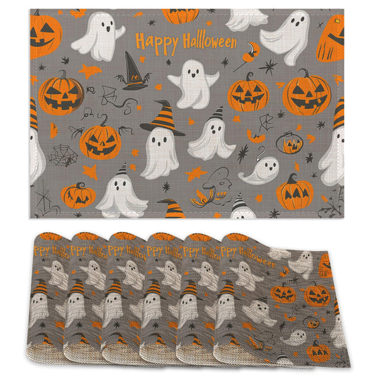 Placemats Set of 6,Pumpking Ghost Table Mats,Halloween Washable Linen Table Mats,Non-Slip Heat Resistant Placemats for Party Kitchen Dining Indoor Outdoor 12"x18"