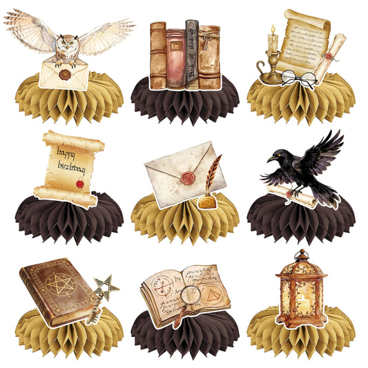 12pcs Vintage Wizard Magic Honeycomb Table Centerpieces Holographic Double Sided Spell Book Owl Witch Hat Design for Magical Themed Birthday Halloween Party Decorations