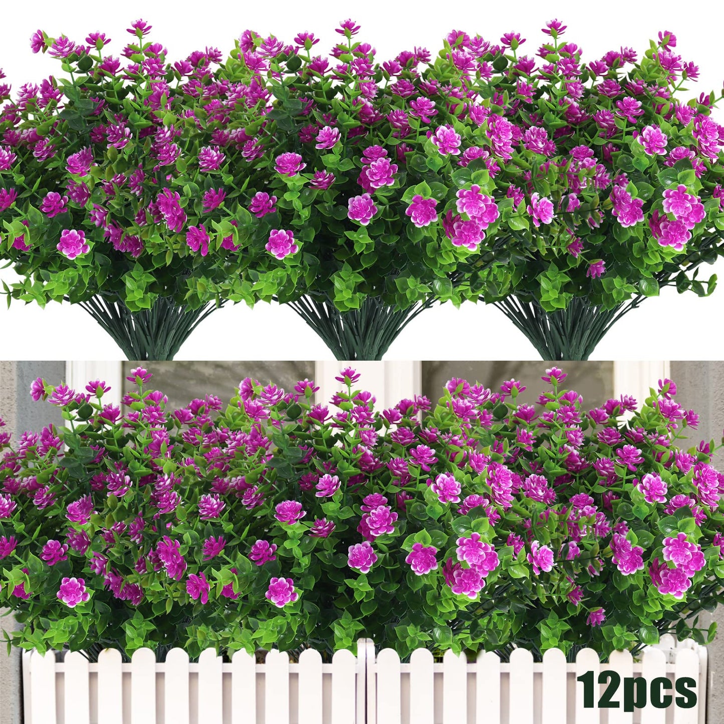 RECUTMS Artificial Flowers Outdoor UV Resistant Fake Plants Indoor Outside Hanging Planter, 12 Bundles Outdoor Fake Flowers UV Resistant Faux Plastic Plants Garden Porch Window Box Décor(Fuchsia)