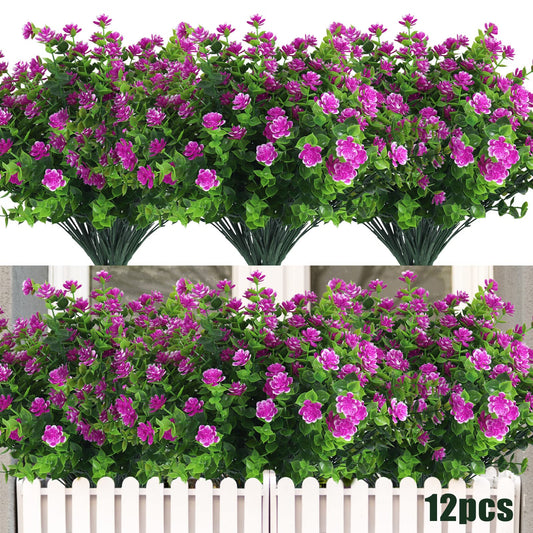 RECUTMS Artificial Flowers Outdoor UV Resistant Fake Plants Indoor Outside Hanging Planter, 12 Bundles Outdoor Fake Flowers UV Resistant Faux Plastic Plants Garden Porch Window Box Décor(Fuchsia)