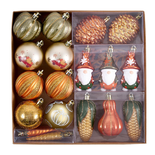 DecorbyHannah Fall Ornaments Tree Decorations, 35ct Autumn Thanksgiving Harvest Pumpkin Gnome Pinecone Tree Ornaments Set, Shatterproof Gold Orange Farmhouse Hanging Ball Decor for Home Indoor Table