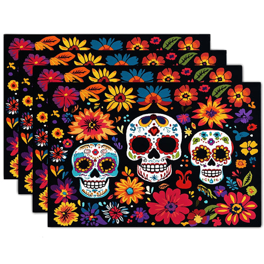 Flowers Skull Placemats Set of 4,Halloween Sugar Skulls Table Mats Mexican Day of The Dead Skeleton Place Mats Linen Heat Resistant Placemats Party Dining Decoration Kitchen