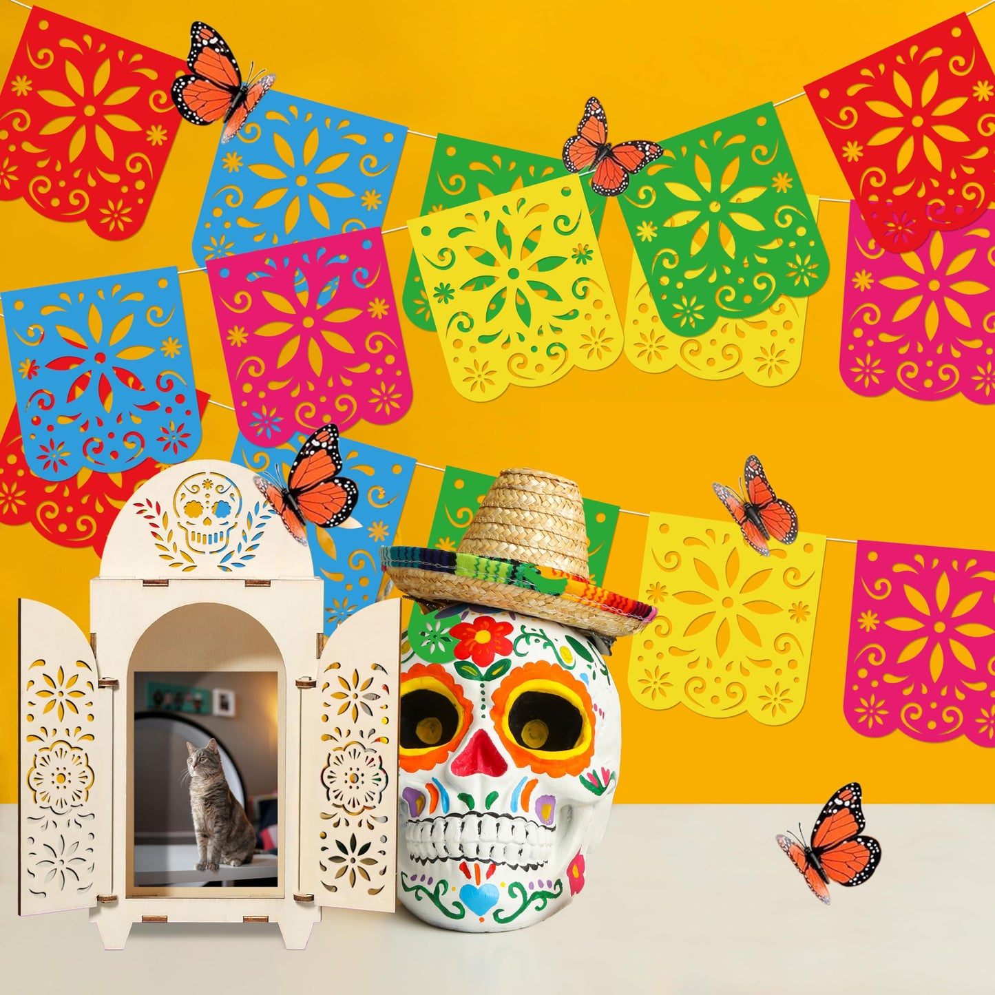 10Pcs Dia De Los Muertos Decorations Wooden Shadow Box Day of The Dead Ofrenda Altar Decor with Papel Picado Butterfly Remembrance Supplies