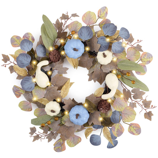 DecorbyHannah Fall Wreath for Front Door, 18 Inch Lighted Autumn Harvest Pumpkin Wreath with Lights, Blue Pumpkin Pinecone Door Decor for Mantle Porch Wall Home Indoor Outdoor