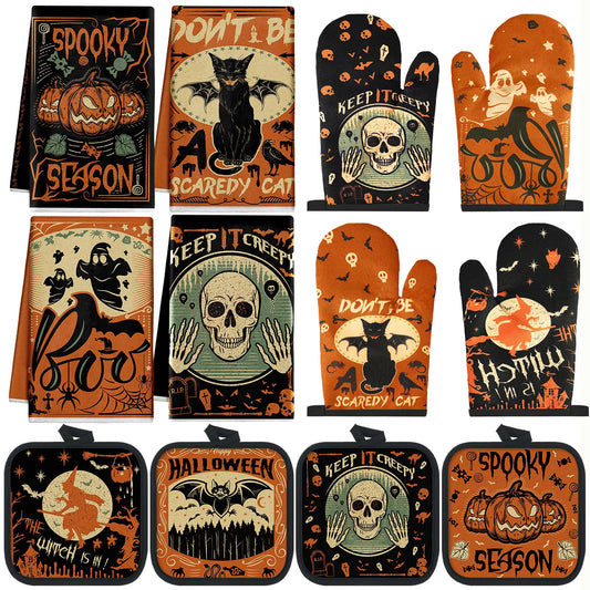 SiliFine 12 Pcs Oven Mitts and Kitchen Towel Sets 4 Dish Towels 4 Potholders 4 Vintage Resistant Glove for Cooking Baking Home Gifting(Gothic Witchy Ghost)
