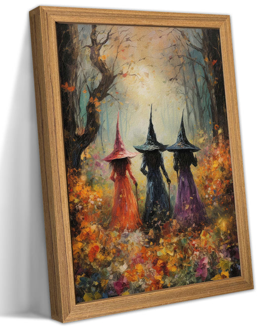 Framed Vintage Halloween Witch Wall Art – Halloween 3D Texture Witches Pictures Fall Decor for Living Room, Mysterious Forest Witchy Sandstone Aesthetic Art Prints for Bedroom Kids Room – 12x16in