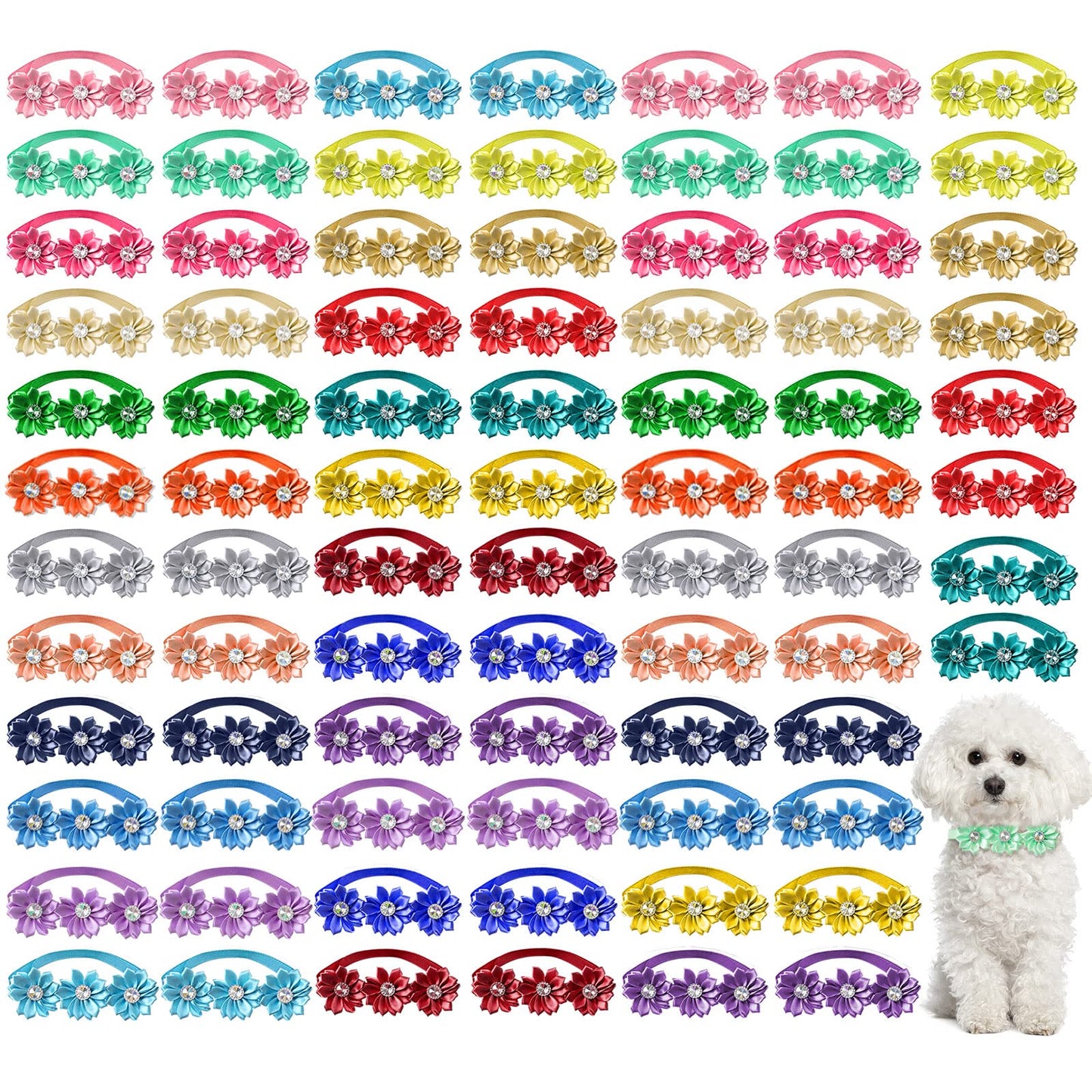 Reginary 80 Pcs Dog Bowtie Flower Collar Girl Dog Accessories Adjustable Girl Puppy Collars Cat Bow Tie Flower with Diamond Crystal for Cats Pet Summer Birthday Party Christmas Wedding Supplies