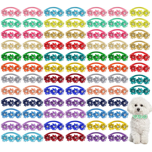 Reginary 80 Pcs Dog Bowtie Flower Collar Girl Dog Accessories Adjustable Girl Puppy Collars Cat Bow Tie Flower with Diamond Crystal for Cats Pet Summer Birthday Party Christmas Wedding Supplies