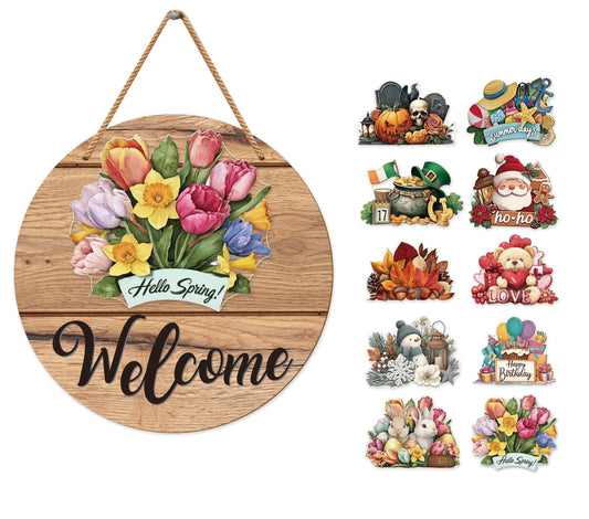 Dibor Interchangeable Seasonal Welcome Sign, Rustic Farmhouse Welcome Sign Front Door Decor, Holiday Round Wall Hanging for Kitchen Outdoor, Home Porch Decor for Spring Summer Fall Winter Christmas, Interchangeable Door Signs, 11.8x11.8 In