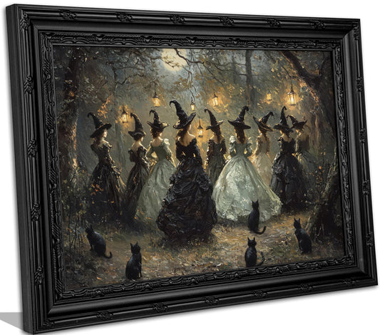 Framed Halloween Witch Wall Art, Moonlit Forest Witch Gathering Painting, Dark Academia Witchy Canvas Print, Black Ornate Framed Artwork with Black Cats. Ready to hang, 9x11in