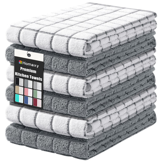 Homaxy Premium Cotton Kitchen Towels 16"x 28", Large Natural Ring Spun 390 GSM Dish Towels, Super Absorbent Terry Kitchen Hand Towels, Soft Tea Towels with Hanging Loop, Grey Check Design, 6 Pack
