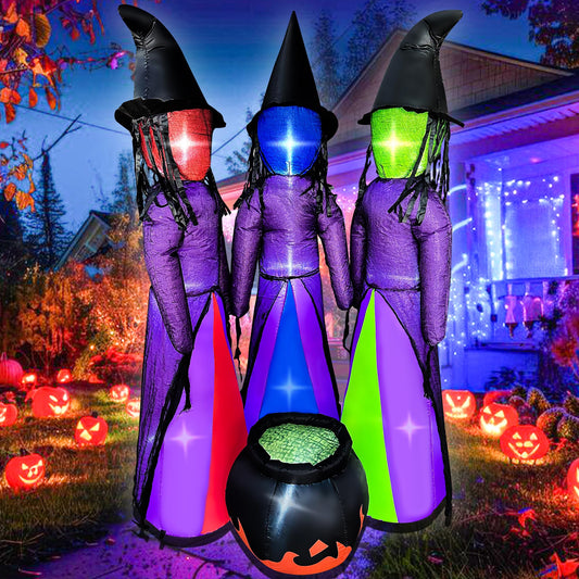 BLOWOUT FUN 6 FT Halloween Inflatables 3 Holding Hands Witches with Cauldron Blow Up Inflatables Halloween Faceless Witch Decorations with Build-in LEDs for Home Yard Lawn Garden Party Decor
